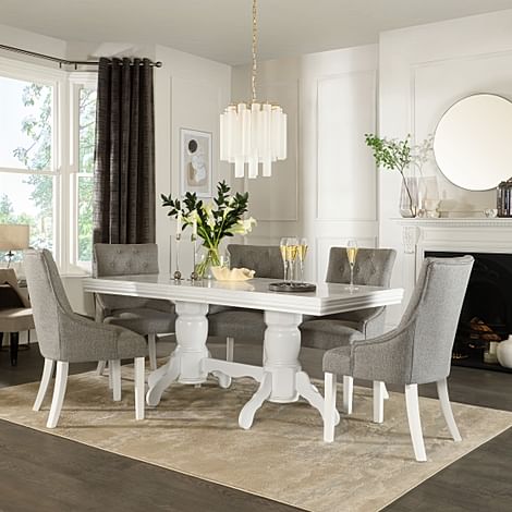 Chatsworth White Extending Dining Table with 4 Duke Light Grey Fabric Chairs