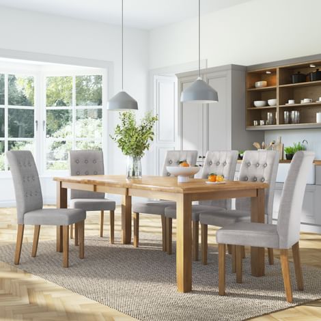 Highbury Extending Dining Table & 6 Regent Chairs, Natural Oak Finished Solid Hardwood, Light Grey Classic Linen-Weave Fabric, 150-200cm