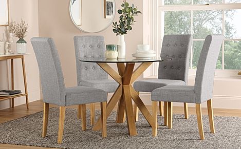 Hatton Round Dining Table & 2 Regent Chairs, Glass & Natural Oak Finished Solid Hardwood, Light Grey Classic Linen-Weave Fabric, 100cm