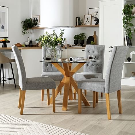 Hatton Round Dining Table & 4 Regent Chairs, Glass & Natural Oak Finished Solid Hardwood, Light Grey Classic Linen-Weave Fabric, 100cm