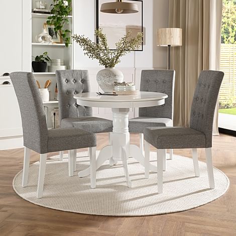 Kingston Round Dining Table & 4 Regent Chairs, White Wood, Light Grey Classic Linen-Weave Fabric, 90cm