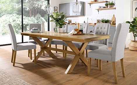 Grange Extending Dining Table & 4 Regent Chairs, Natural Oak Veneer & Solid Hardwood, Light Grey Classic Linen-Weave Fabric & Natural Oak Finished Solid Hardwood, 180-220cm