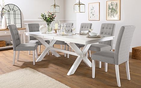 Grange White Extending Dining Table with 6 Regent Light Grey Fabric Chairs