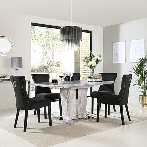 Vienna Extending Dining Table & 4 Kensington Chairs, Grey Marble Effect, Black Classic Velvet & Black Solid Hardwood, 120-160cm
