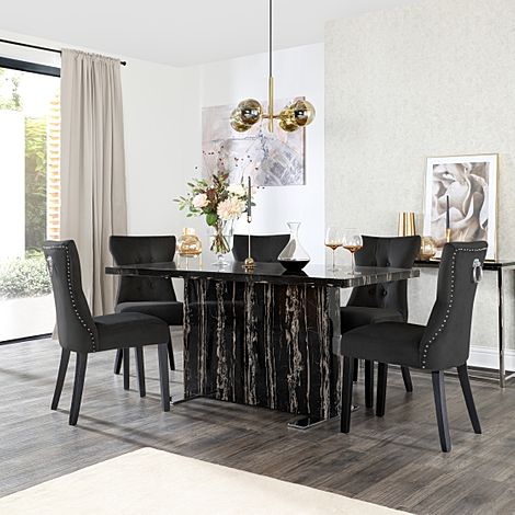Magnus Black Marble Dining Table with 4 Kensington Black Velvet Chairs