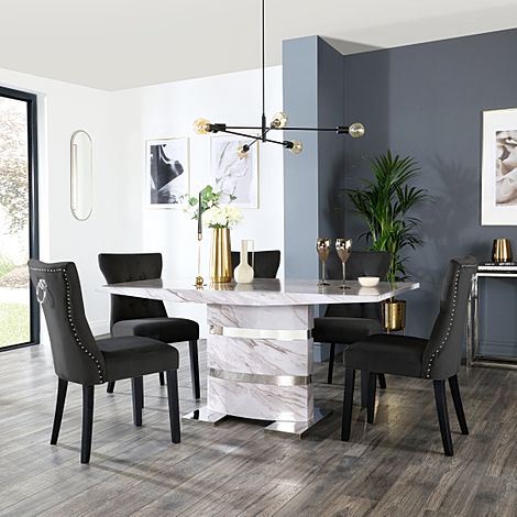 Komoro Dining Table & 6 Kensington Chairs, Grey Marble Effect & Chrome, Black Classic Velvet & Black Solid Hardwood, 160cm