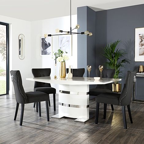 Komoro Dining Table & 4 Kensington Chairs, White High Gloss & Chrome, Black Classic Velvet & Black Solid Hardwood, 160cm