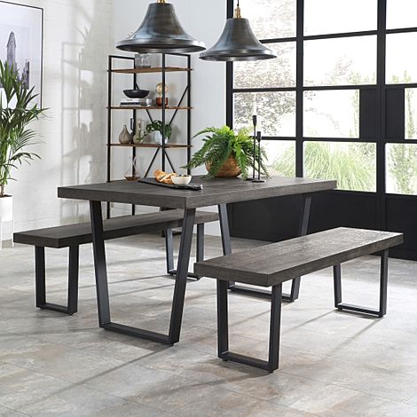 Addison Industrial Dining Table & 2 Benches, Grey Oak Veneer & Black Steel, 150cm