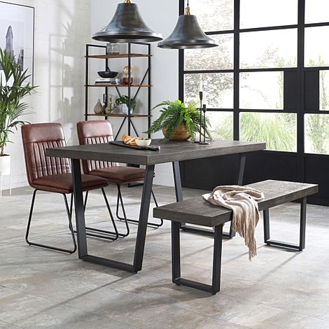 Addison 150cm Grey Wood Dining Table and Bench with 4 Flint Tan Leather Chairs