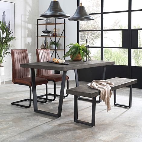Addison Industrial Dining Table, Bench & 4 Perth Chairs, Grey Oak Veneer & Black Steel, Tan Classic Faux Leather, 150cm