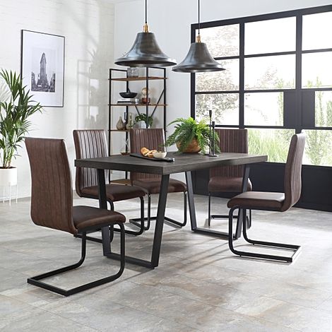 Addison Industrial Dining Table & 6 Perth Chairs, Grey Oak Veneer & Black Steel, Vintage Brown Classic Faux Leather, 150cm