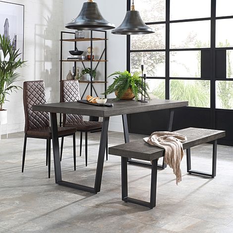 Addison Dining Table, Bench & 2 Renzo Chairs, Grey Oak Veneer & Black Steel, Vintage Brown Classic Faux Leather, 150cm