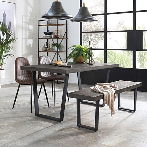 Addison Dining Table, Bench & 4 Brooklyn Chairs, Grey Oak Veneer & Black Steel, Vintage Brown Classic Faux Leather, 150cm