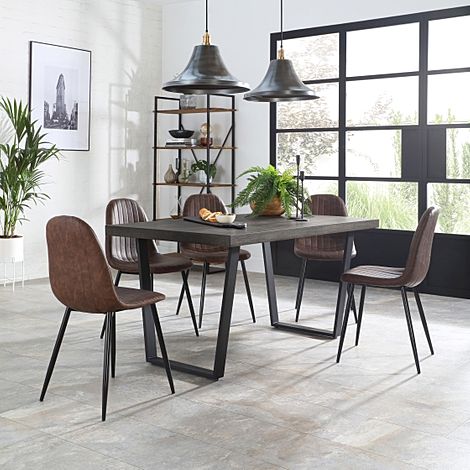 Addison Industrial Dining Table & 6 Brooklyn Chairs, Grey Oak Veneer & Black Steel, Vintage Brown Classic Faux Leather, 150cm