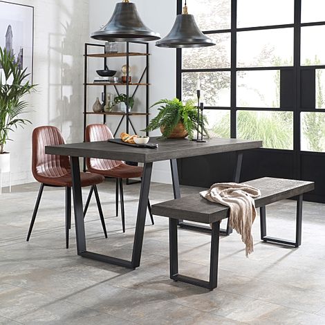 Addison Industrial Dining Table, Bench & 4 Brooklyn Chairs, Grey Oak Veneer & Black Steel, Tan Classic Faux Leather, 150cm