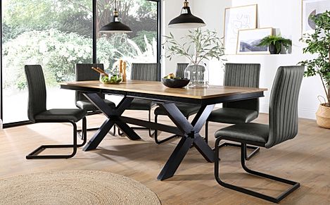 Grange Extending Dining Table & 4 Perth Chairs, Natural Oak Veneer & Black Solid Hardwood, Vintage Grey Classic Faux Leather & Black Steel, 180-220cm