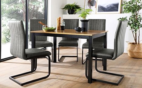 Milton Dining Table & 4 Perth Chairs, Natural Oak Finish & Black Solid Hardwood, Vintage Grey Classic Faux Leather & Black Steel, 120cm