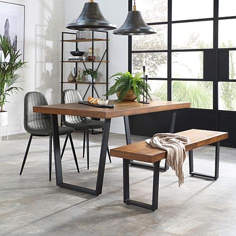 Addison Industrial Dining Table, Bench & 2 Brooklyn Chairs, Dark Oak Veneer & Black Steel, Vintage Grey Classic Faux Leather, 150cm