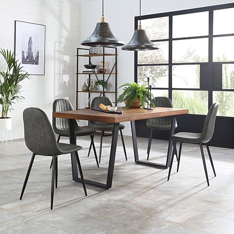 Addison Industrial Dining Table & 6 Brooklyn Chairs, Dark Oak Veneer & Black Steel, Vintage Grey Classic Faux Leather, 150cm