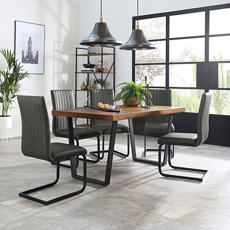 Addison 150cm Industrial Oak Dining Table with 4 Perth Vintage Grey Leather Chairs