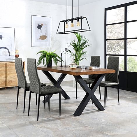 Franklin Industrial Dining Table & 4 Renzo Chairs, Dark Oak Veneer & Black Steel, Vintage Grey Classic Faux Leather, 150cm