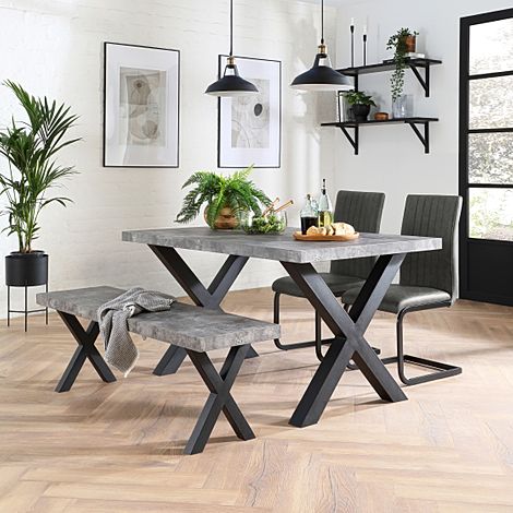 Franklin Industrial Dining Table, Bench & 2 Perth Chairs, Grey Concrete Effect & Black Steel, Vintage Grey Classic Faux Leather, 150cm