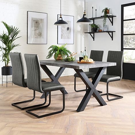 Franklin Industrial Dining Table & 4 Perth Chairs, Grey Concrete Effect & Black Steel, Vintage Grey Classic Faux Leather, 150cm