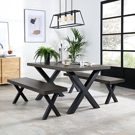 Franklin Industrial Dining Table & 2 Benches, Grey Oak Veneer & Black Steel, 150cm