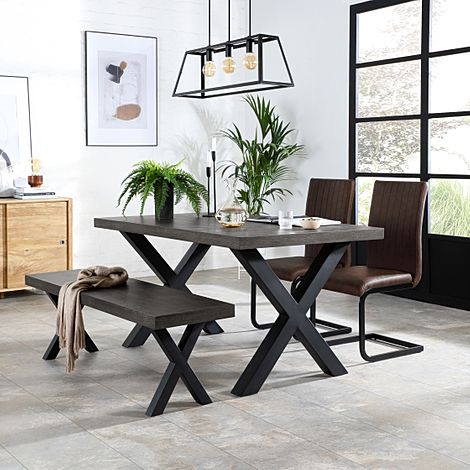 Franklin Industrial Dining Table, Bench & 2 Perth Chairs, Grey Oak Veneer & Black Steel, Vintage Brown Classic Faux Leather, 150cm