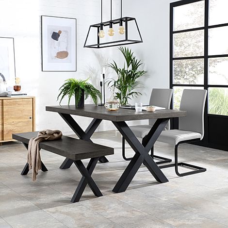 Franklin Industrial Dining Table, Bench & 2 Perth Chairs, Grey Oak Veneer & Black Steel, Light Grey Classic Faux Leather, 150cm