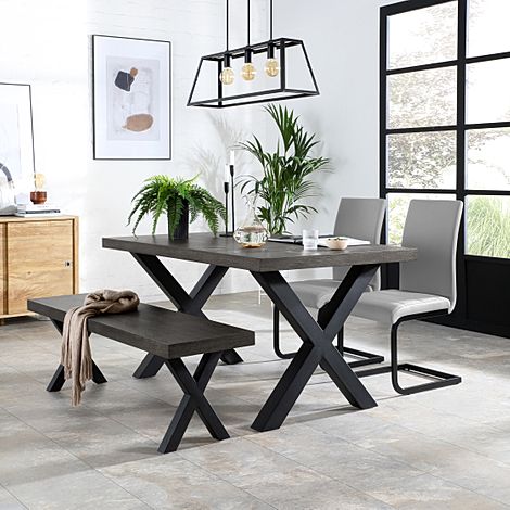 Franklin Dining Table, Bench & 2 Perth Chairs, Grey Oak Veneer & Black Steel, Light Grey Classic Faux Leather, 150cm