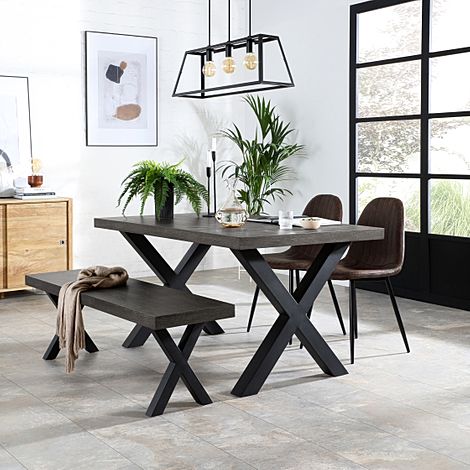 Franklin Industrial Dining Table, Bench & 2 Brooklyn Chairs, Grey Oak Veneer & Black Steel, Vintage Brown Classic Faux Leather, 150cm