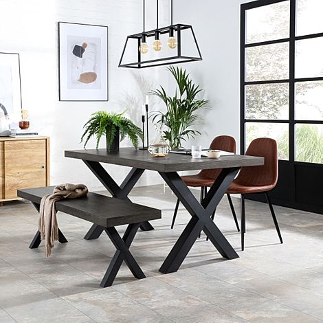 Franklin Dining Table, Bench & 2 Brooklyn Chairs, Grey Oak Veneer & Black Steel, Tan Classic Faux Leather, 150cm