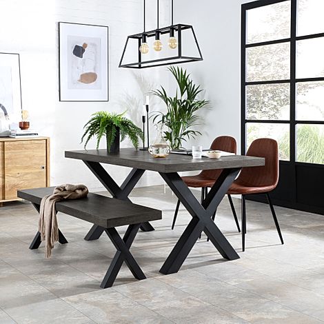 Franklin Industrial Dining Table, Bench & 2 Brooklyn Chairs, Grey Oak Veneer & Black Steel, Tan Classic Faux Leather, 150cm