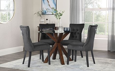 Hatton Round Dining Table & 4 Kensington Chairs, Glass & Dark Solid Hardwood, Black Classic Velvet & Black Solid Hardwood, 100cm