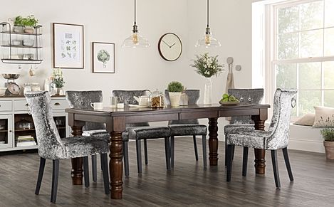 Hampshire Dark Wood Extending Dining Table with 8 Kensington Silver Velvet Chairs