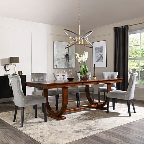 Pavilion Extending Dining Table & 8 Kensington Chairs, Dark Oak Veneer & Solid Hardwood, Grey Classic Velvet & Black Solid Hardwood, 180-225cm