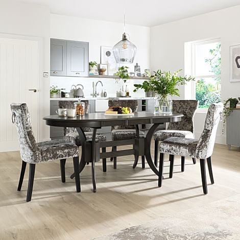 Townhouse Oval Grey Wood Extending Dining Table with 6 Kensington Silver Velvet Chairs (Black Leg)