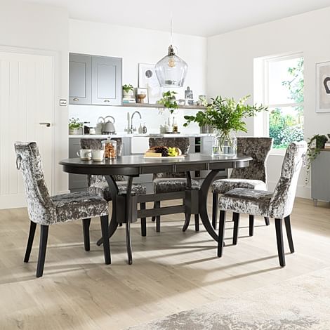 Townhouse Oval Extending Dining Table & 6 Kensington Chairs, Grey Solid Hardwood, Silver Crushed Velvet & Black Solid Hardwood, 150-180cm