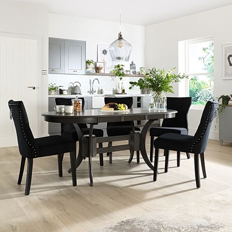 Townhouse Oval Grey Wood Extending Dining Table with 4 Kensington Black Velvet Chairs (Black Leg)