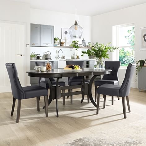 Townhouse Oval Extending Dining Table & 6 Bewley Chairs, Grey Solid Hardwood, Grey Classic Faux Leather, 150-180cm