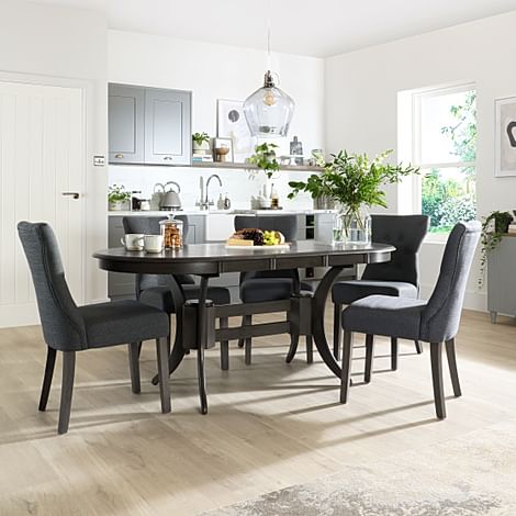 Townhouse Oval Extending Dining Table & 4 Bewley Chairs, Grey Solid Hardwood, Slate Grey Classic Linen-Weave Fabric, 150-180cm