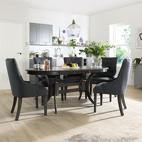 Townhouse Oval Extending Dining Table & 4 Duke Chairs, Grey Solid Hardwood, Slate Grey Classic Linen-Weave Fabric, 150-180cm