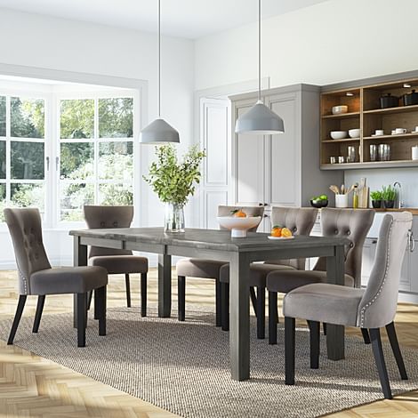 Highbury Grey Wood Extending Dining Table with 4 Kensington Grey Velvet Chairs