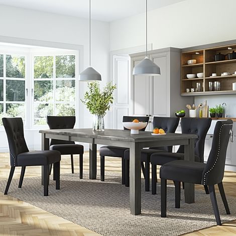 Highbury Grey Wood Extending Dining Table with 4 Kensington Black Velvet Chairs