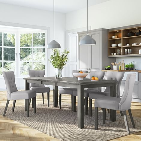 Highbury Grey Wood Extending Dining Table with 8 Bewley Light Grey Leather Chairs