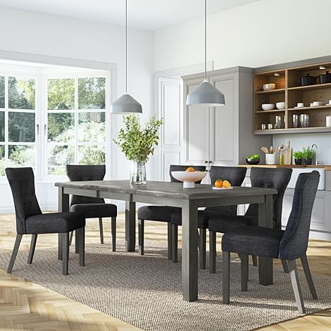Highbury Grey Wood Extending Dining Table with 4 Bewley Slate Fabric Chairs