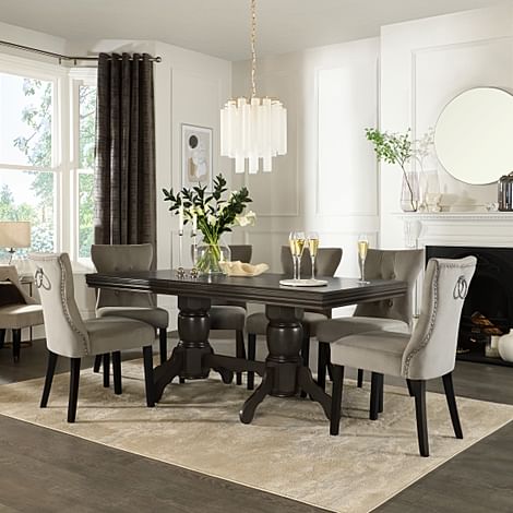 Chatsworth Grey Wood Extending Dining Table with 4 Kensington Grey Velvet Chairs (Black Leg)