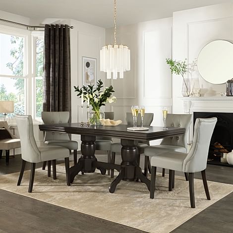 Chatsworth Grey Wood Extending Dining Table with 6 Bewley Light Grey Leather Chairs (Grey Leg)