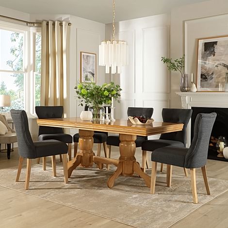 Chatsworth Extending Dining Table & 6 Bewley Chairs, Natural Oak Finished Birch Veneer & Solid Hardwood, Slate Grey Classic Linen-Weave Fabric & Natural Oak Finished Solid Hardwood, 150-180cm